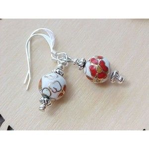 B2G1 Red Floral Chinese Cloisonne Earrings Flower Handmade in USA Woman Gift
